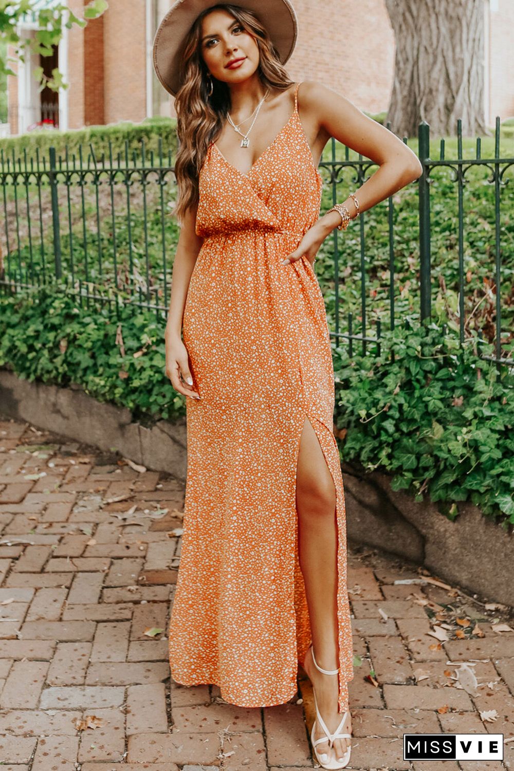 Orange Surplice Dotted Print Sleeveless Maxi Dress with Slit