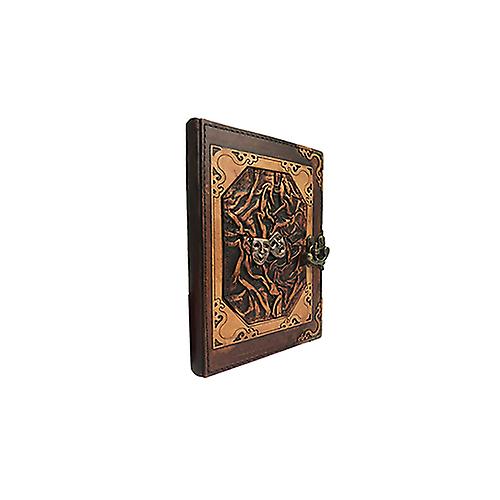 Genuine leather-bound journal notebook featuring drama masks by Woodland Leathers