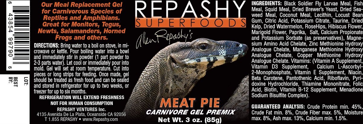 Repashy Superfoods Meat Pie Gel Premix Reptile and Amphibian Food， 3-oz bottle