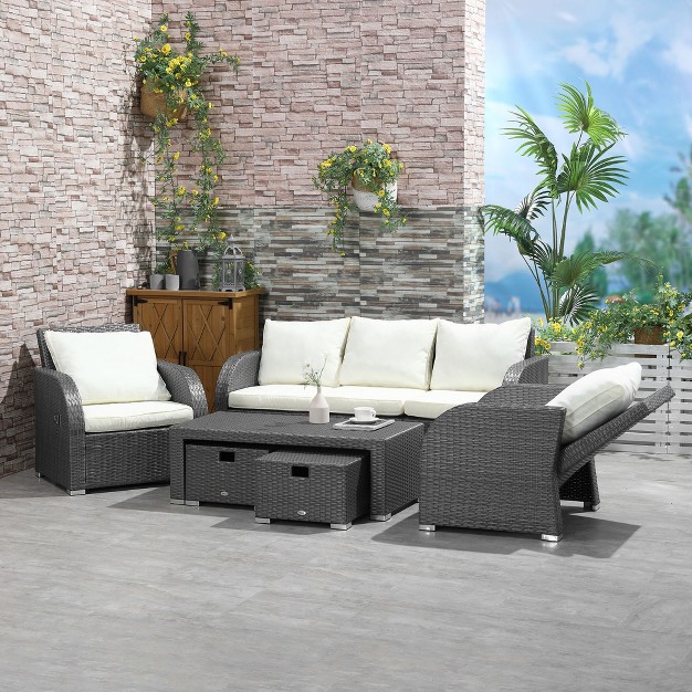 Outsunny 6 piece Outdoor Rattan Patio Sectional Sofa Set With 3 seat Couch 2 Recliners 2 Ottoman Footrests Coffee Table Conversation Set