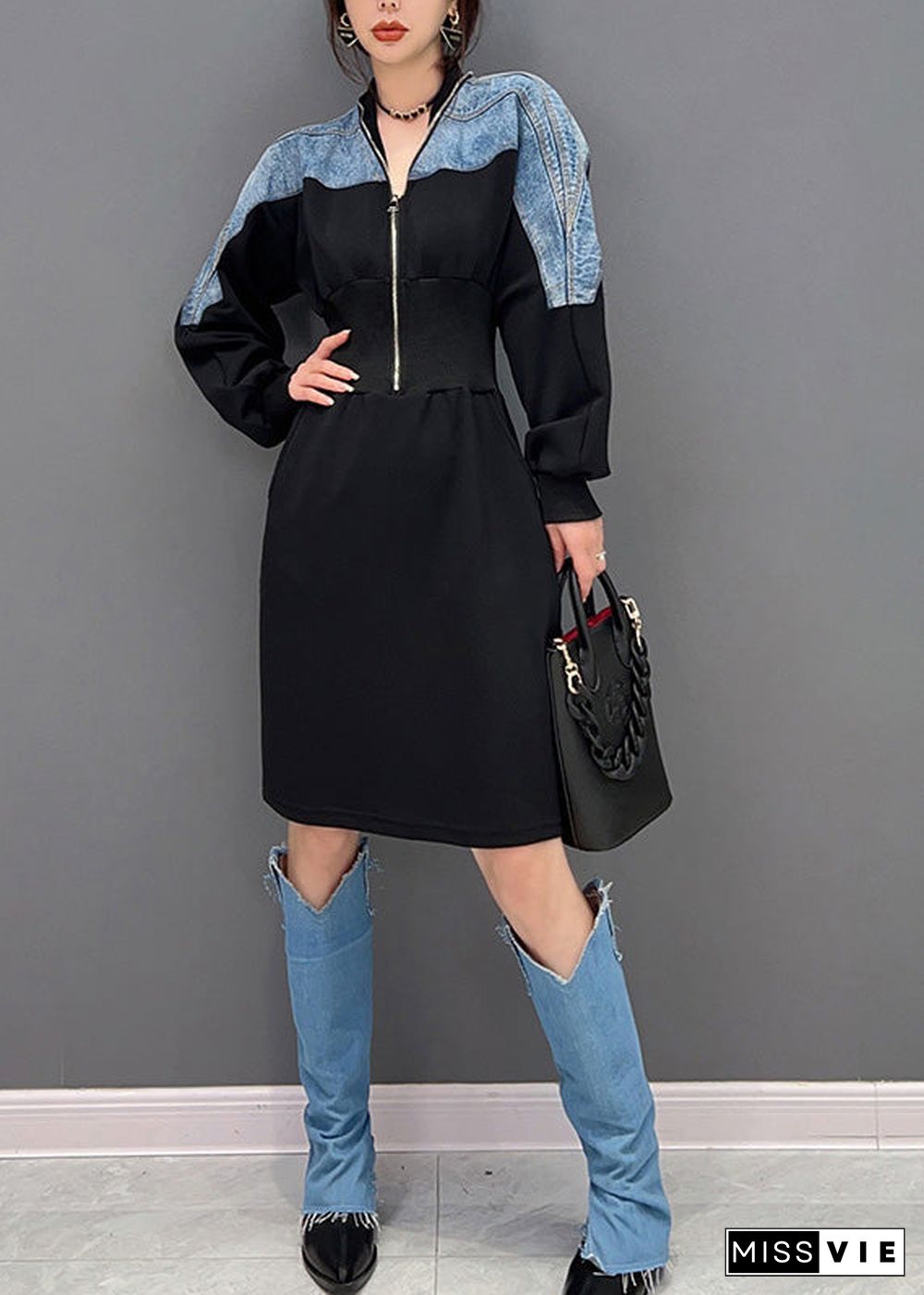 Slim Fit Black V Neck Zippered Patchwork Denim Maxi Dresses Long Sleeve