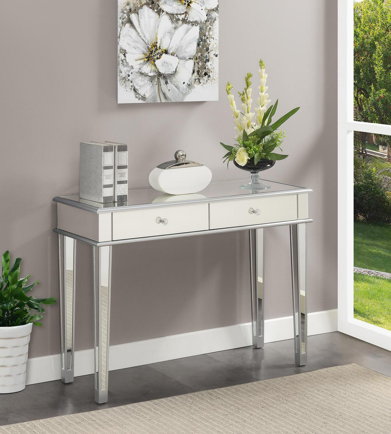 Convenience Concepts Gold Coast Deluxe 2 Drawer Mirrored Desk/Console Table， Mirror/Silver