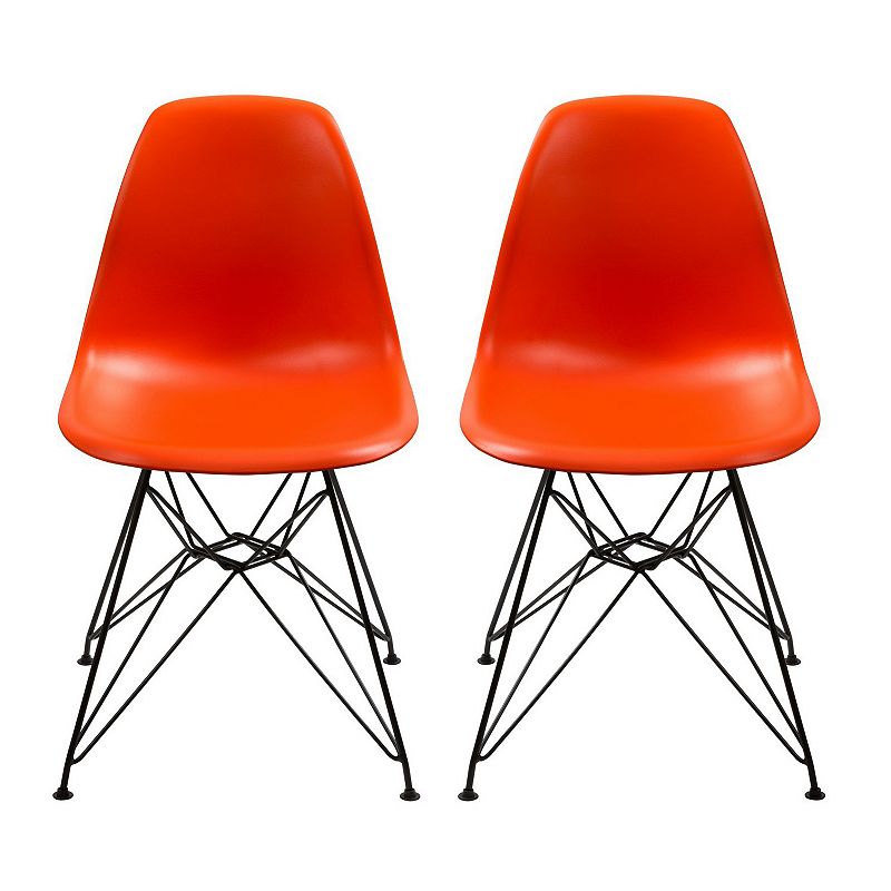 Deep Back Plastic Chair with Metal Eiffel Style Legs Set of 2， Orange and Black