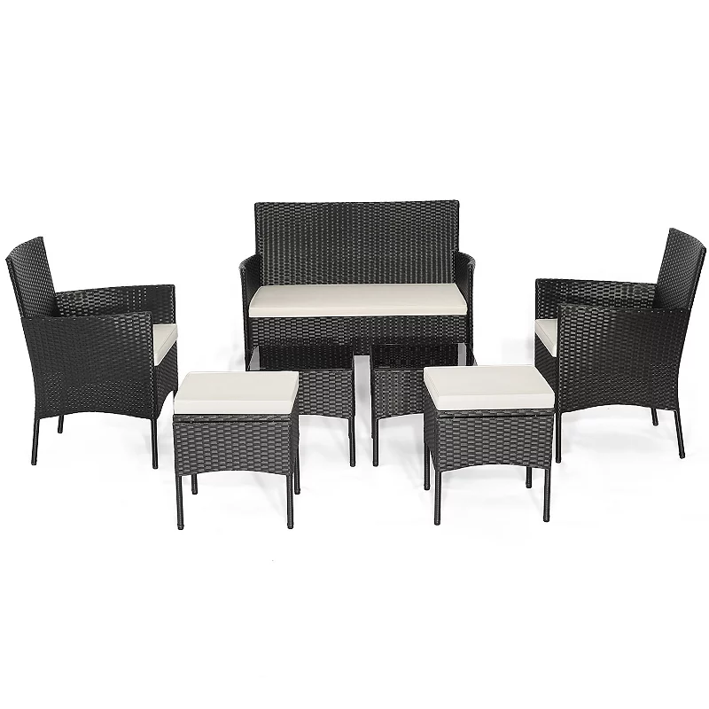 7 Piece Rustproof Wicker Outdoor Sofa Set with Coffee Tables and Ottomans