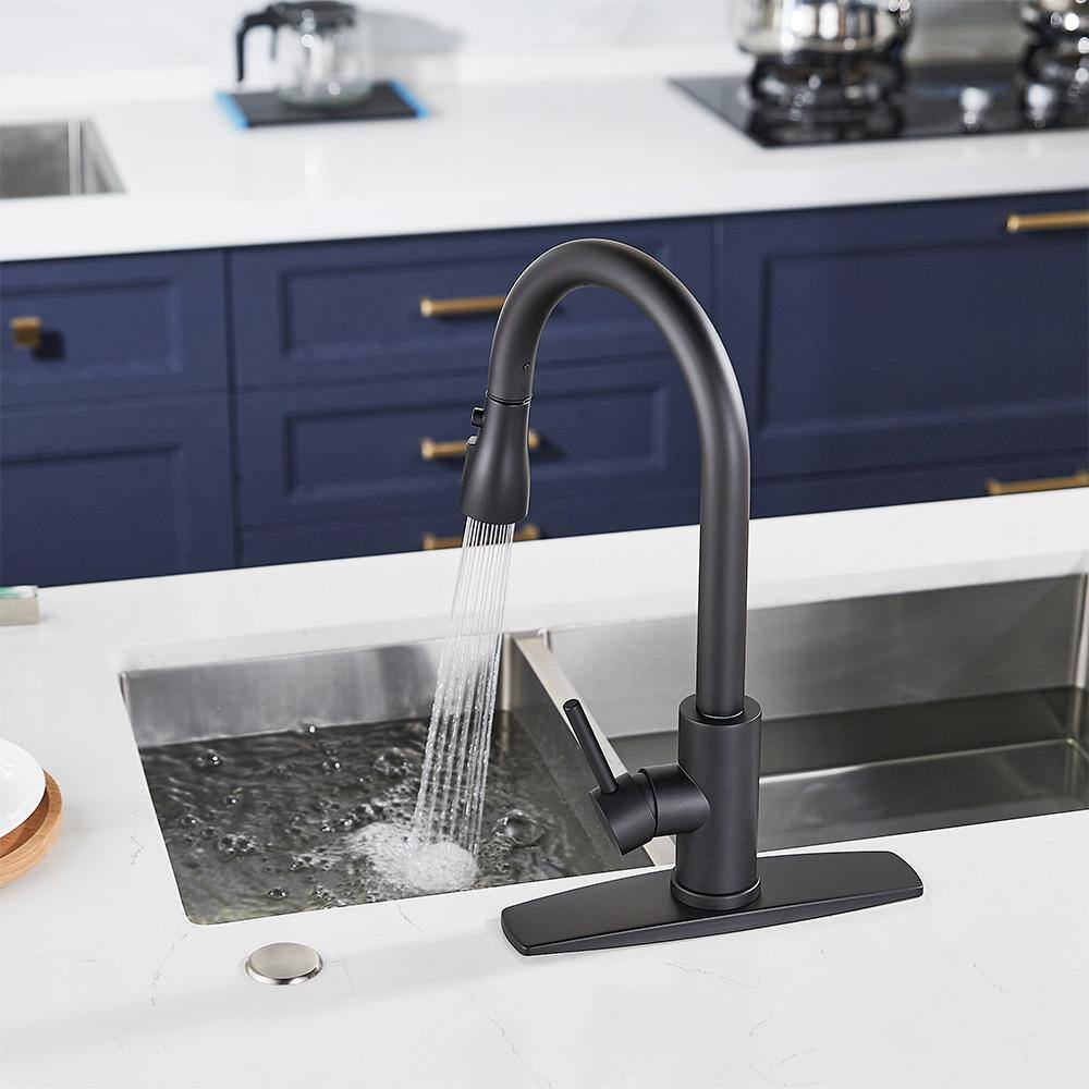 FORIOUS Single-Handle Kitchen Faucet with Pull Down Sprayer High-Arc Kitchen Sink Faucet with Deck Plate in Matte Black HH0023CB