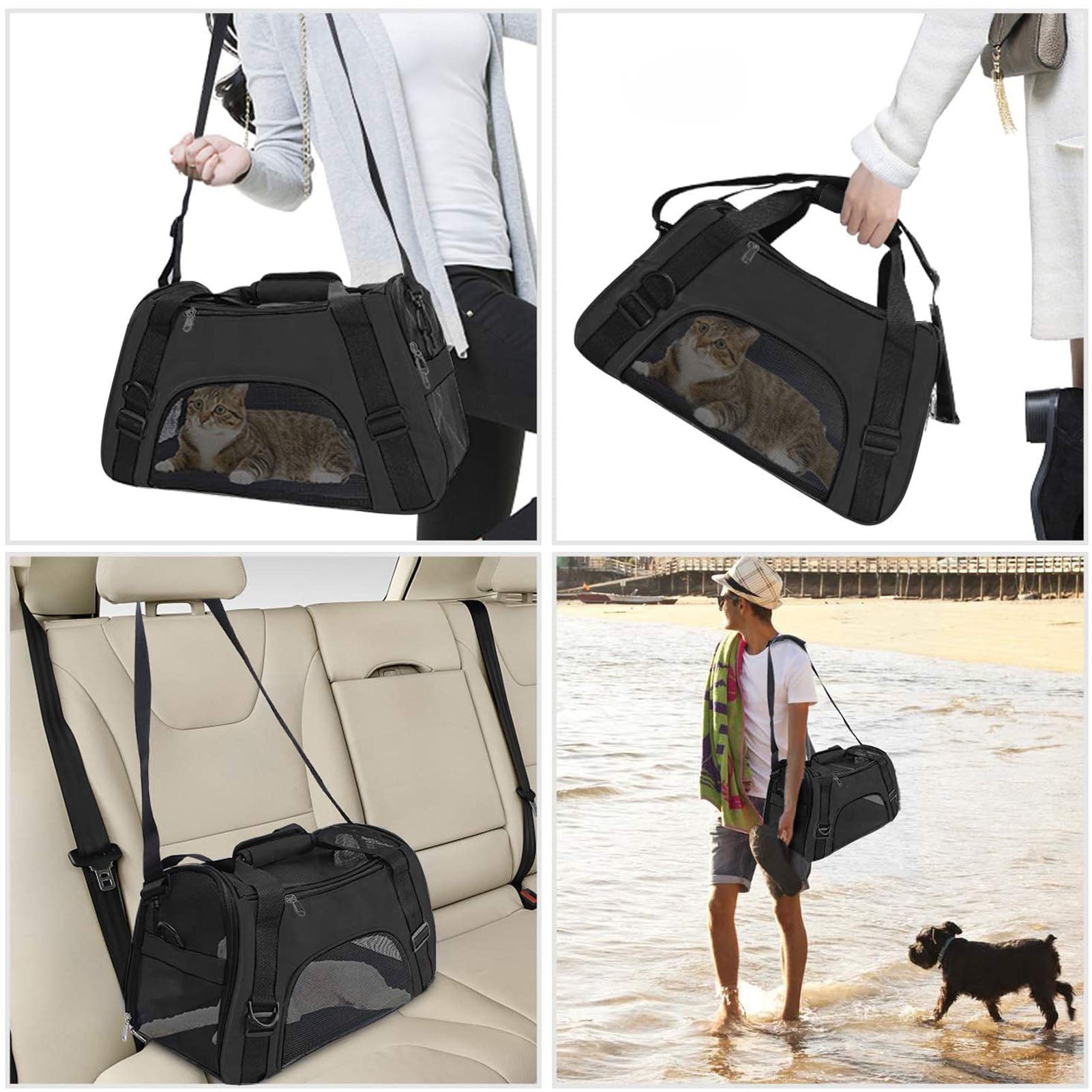 Soft Pet Carrier Airline Approved Soft Sided Pet Travel Carrying Handbag Under Seat Compatibility， Perfect for Cats and Small Dogs Breathable 4-Windows Design (Black)