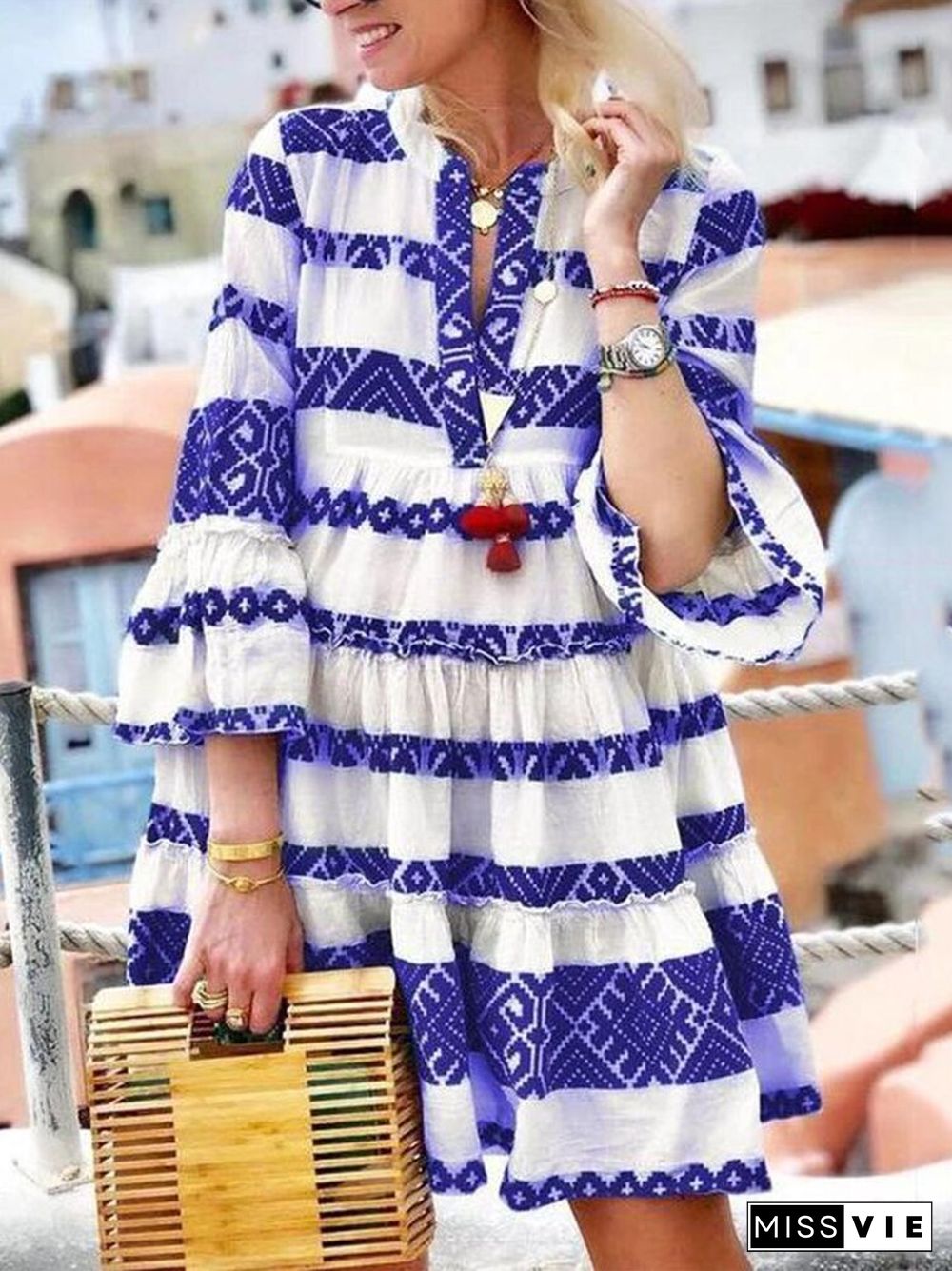 Elegant Button V-Neck Flare Sleeve Mini Dress Summer Sexy Party Beach Dress Women Fashion Colorful Print Stripe Dress Cover-Ups