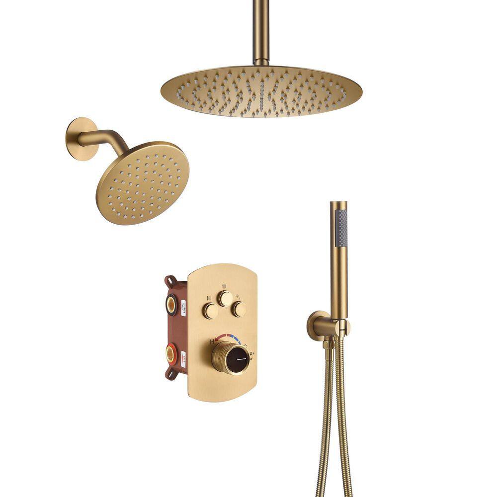 Mondawe Pressure Balanced 3-Spray Patterns 12 in. Ceiling Mounted Rainfall Dual Shower Heads with Handheld in Brushed Gold WF6853-12BG