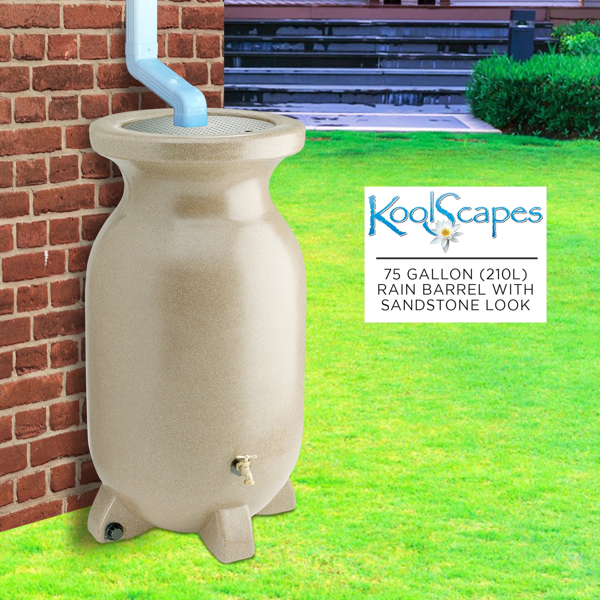 Koolscapes Stone-Look Rain Barrel， 75 gal (285L)， Beige， Rustproof Debris Screen， Overflow Spout， Brass Spigot with Standard Hose Threading， for Eco-Friendly Gardening and Water Conservation