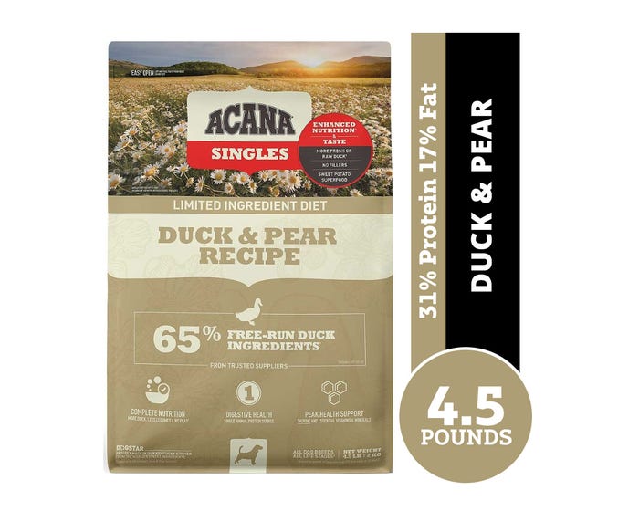 Acana Singles Limited Ingredient Duck  Pear Recipe Grain-Free Dry Dog Food，  4.5 lb. Bag