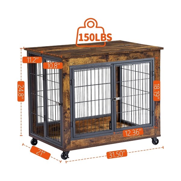 Dog Crate Side Table on Wheels with Double Doors and Lift Top