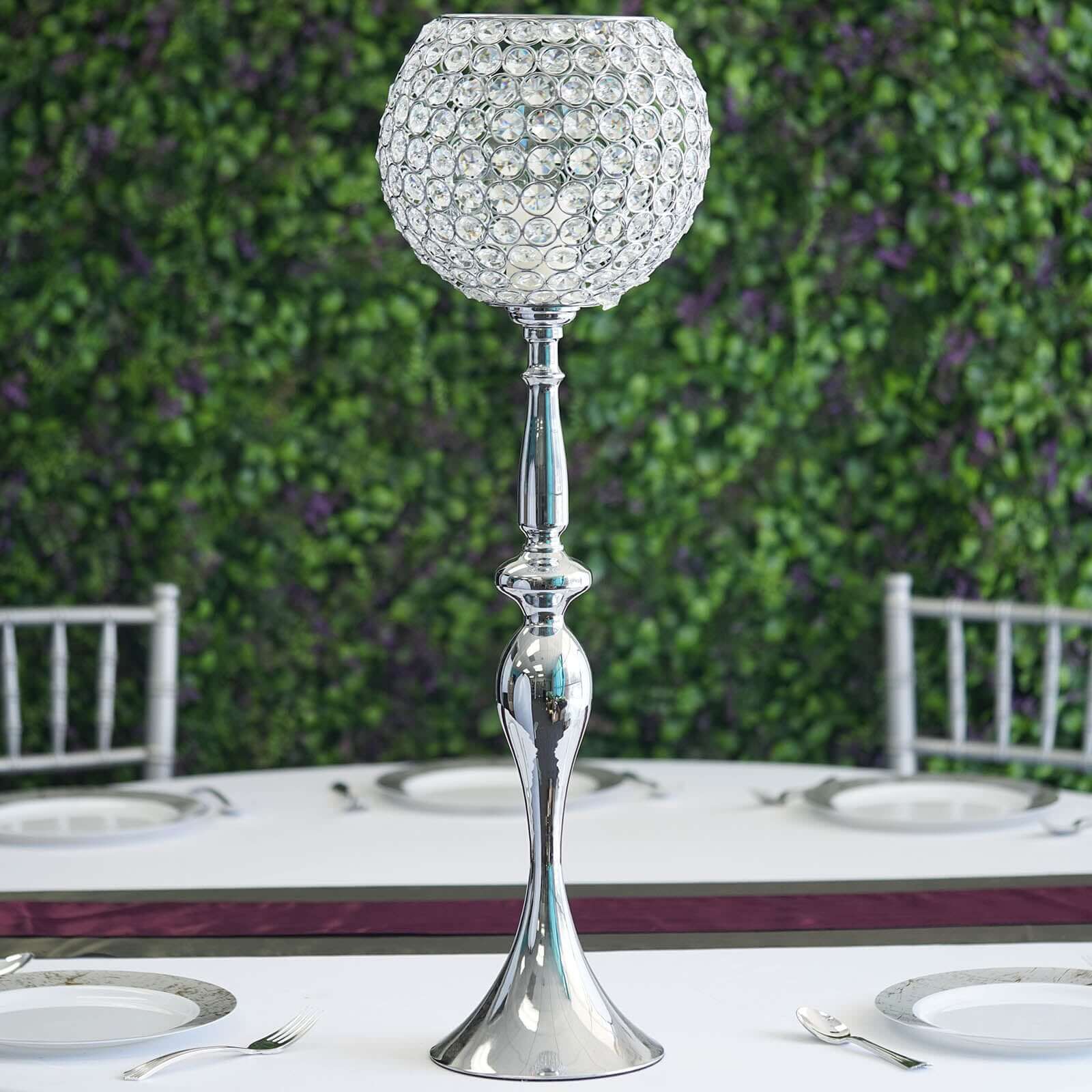 Silver Metal Acrylic Crystal Goblet Candle Holder, Flower Ball Stand 30