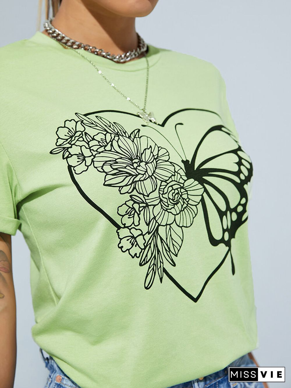 Butterfly Flower Print Crew Neck Short Sleeve T-shirt