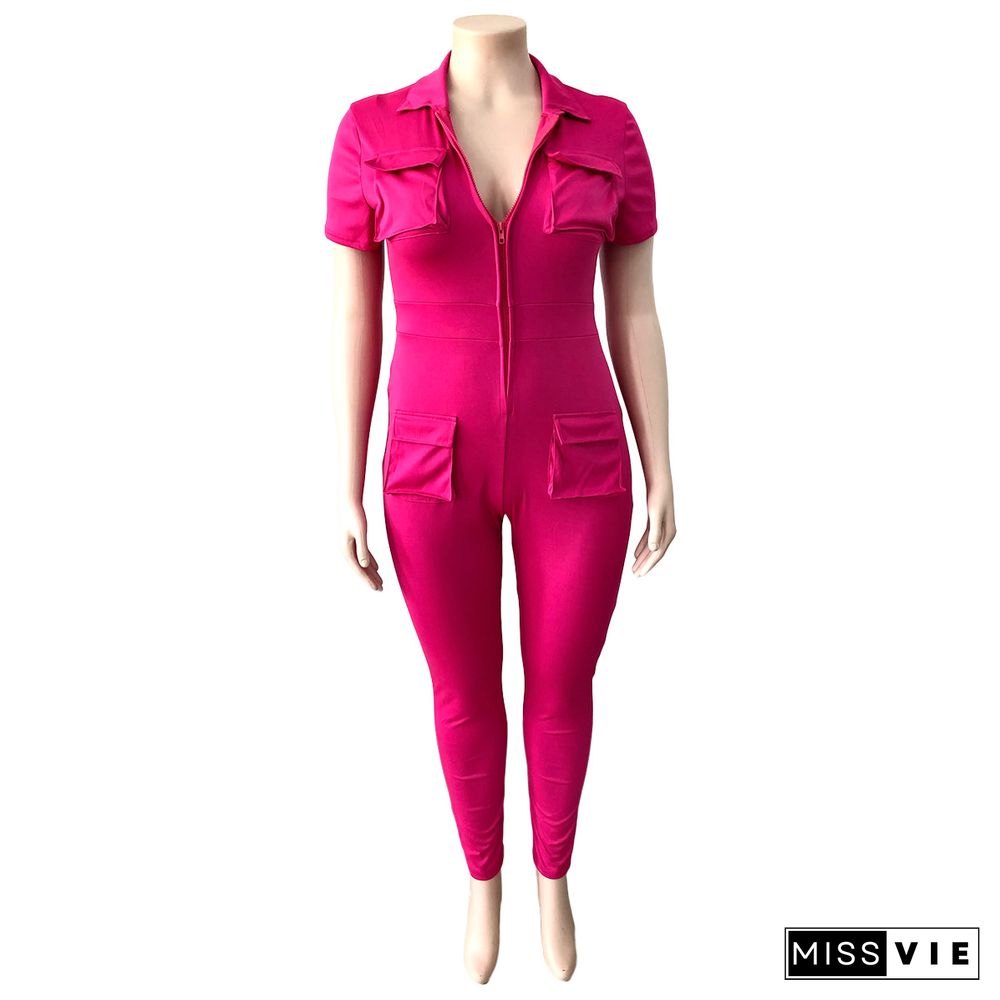 Short Sleeve Zipper Lapel Cargo Jumpsuit With Pocket