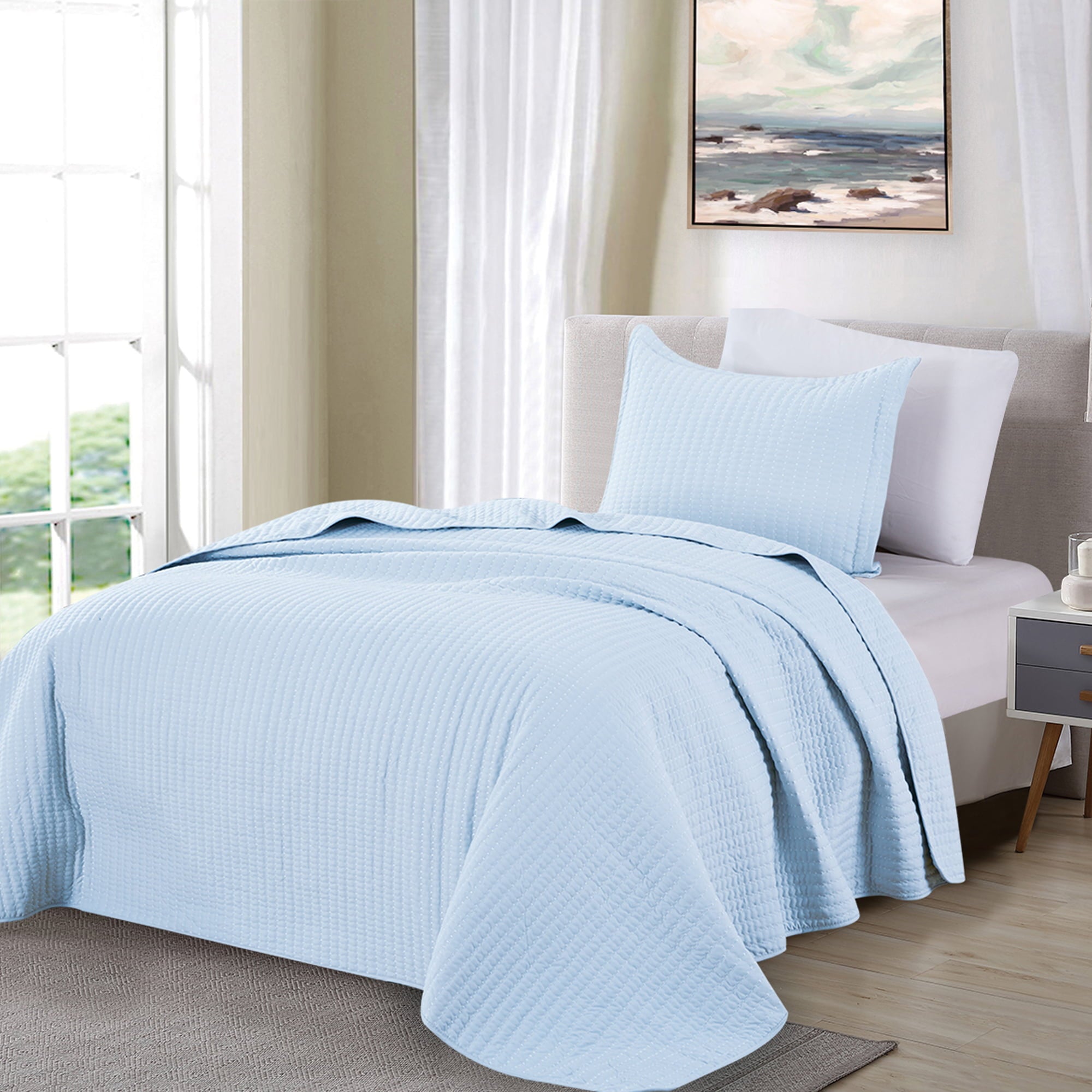 Great Bay Home Detailed Channel Stitch All-Season Reversible Quilt Set With Shams  (Twin， Baby Blue)