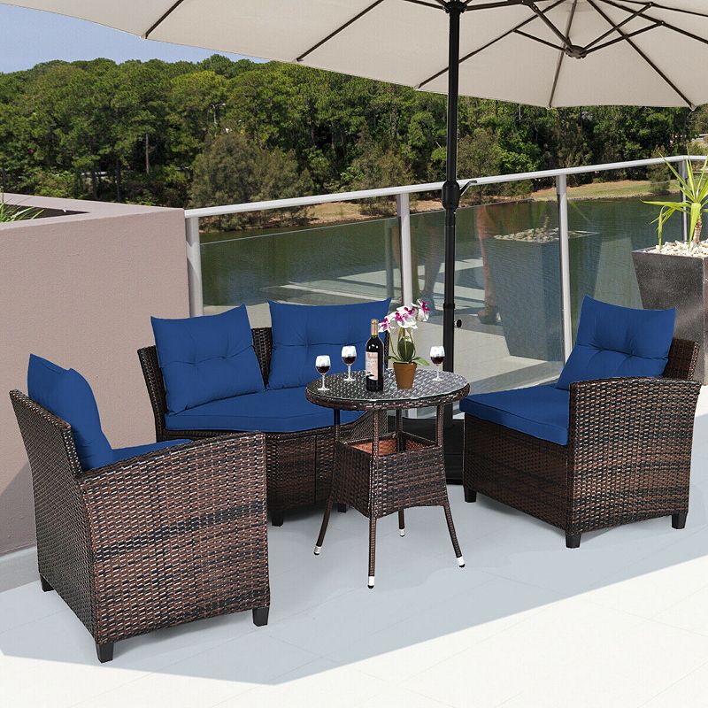 4 Pieces Outdoor Patio Cushioned Rattan Furniture Set