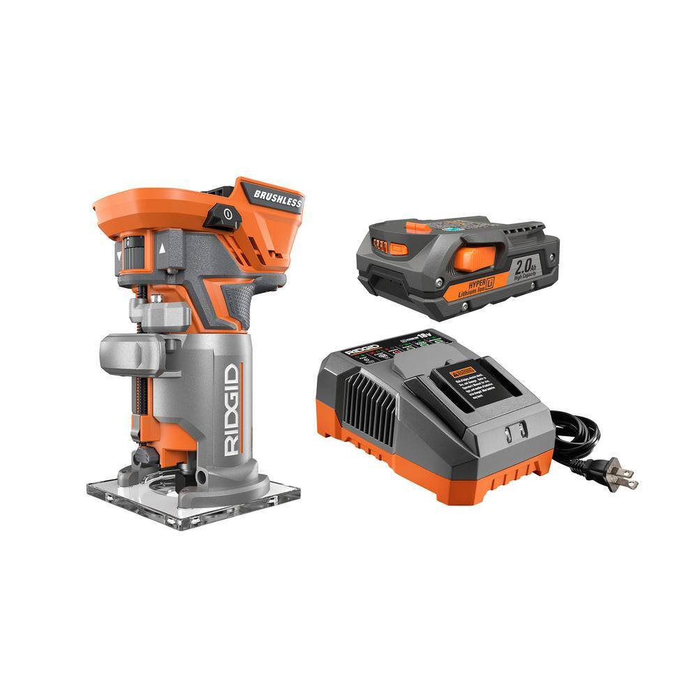 RIDGID 18V Lithium-Ion Brushless Cordless Compact Router Kit with (1) 2.0 Ah Battery and Charger R86044SB