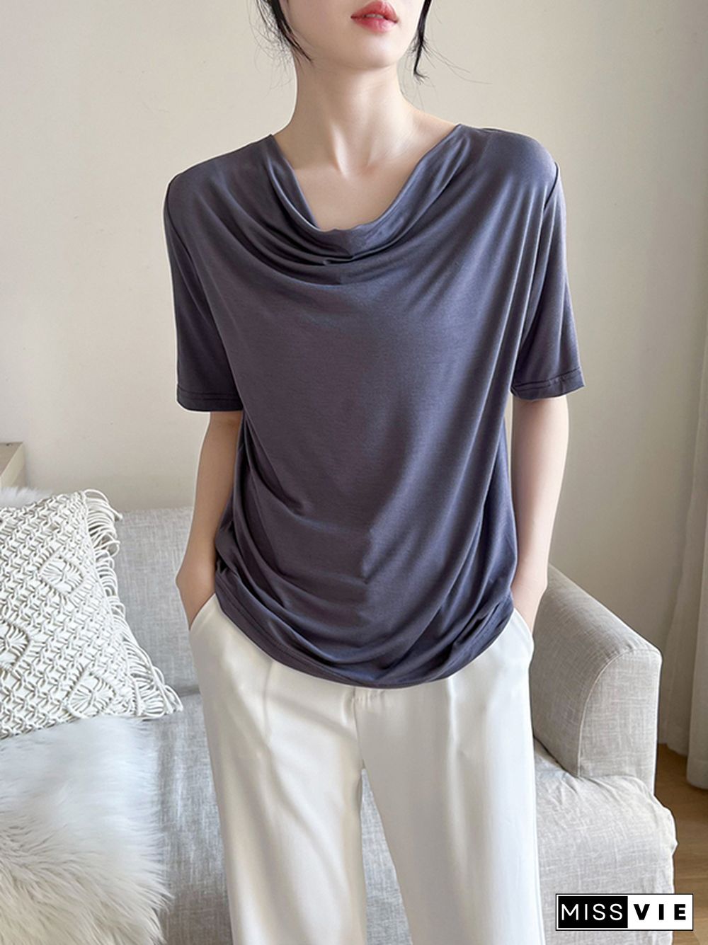 Short Sleeves Pleated Solid Color Heaps Collar T-Shirts Tops