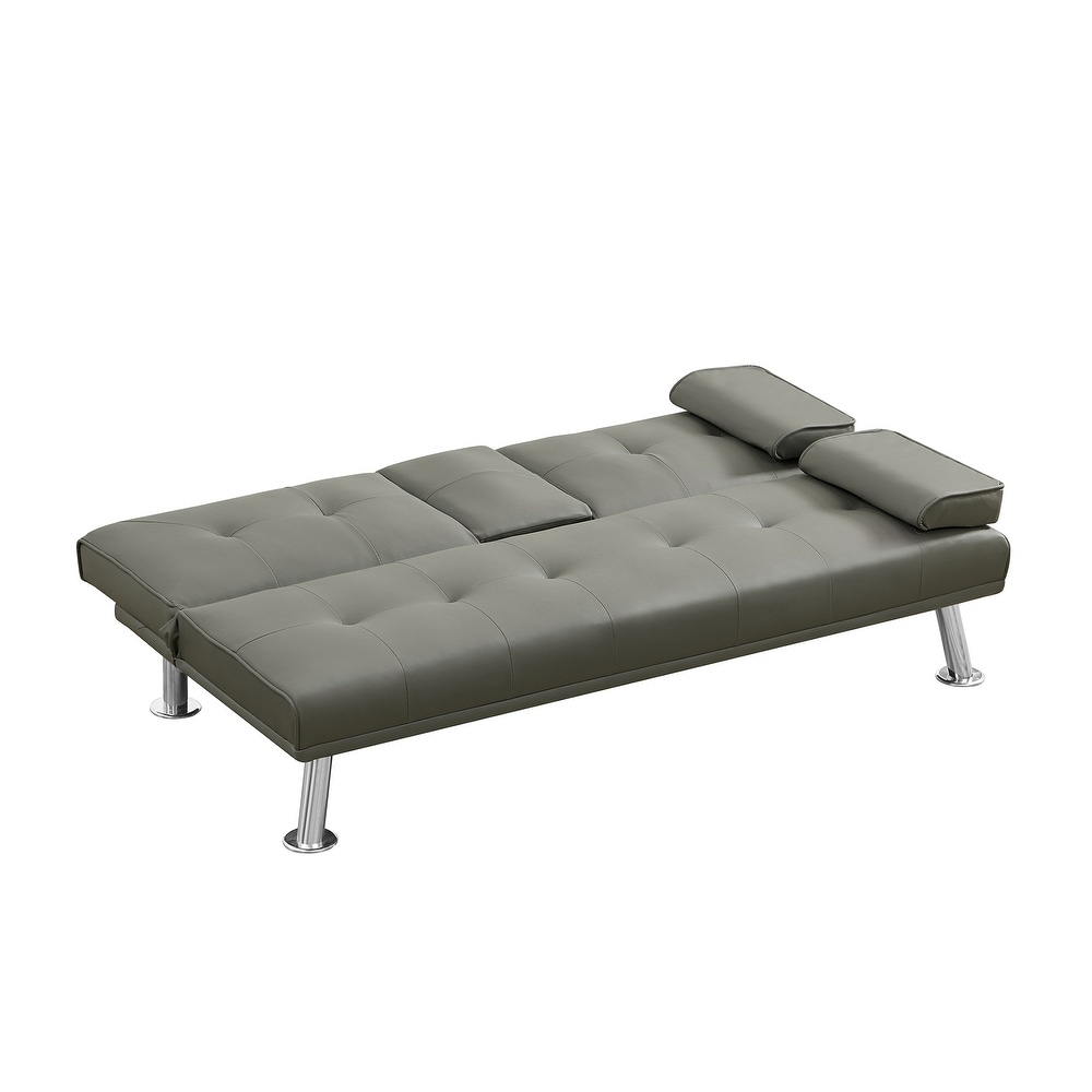 Modern Leather Convertible Folding Loveseat Sleeper Sofa Bed With Cup Holders For Living Room 2 Seat