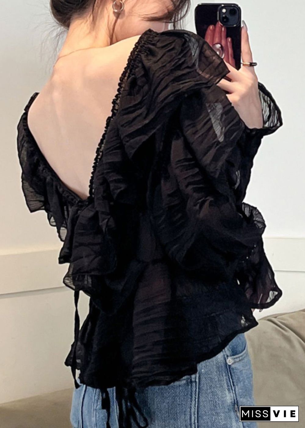 Sexy Black V Neck Ruffled Chiffon Shirts Long Sleeve