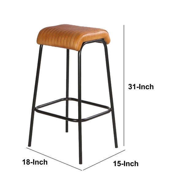 31 Inch Modern Bar Stool， Genuine Leather Seat， Iron Frame， Channel Stitched， Tan Brown， Black