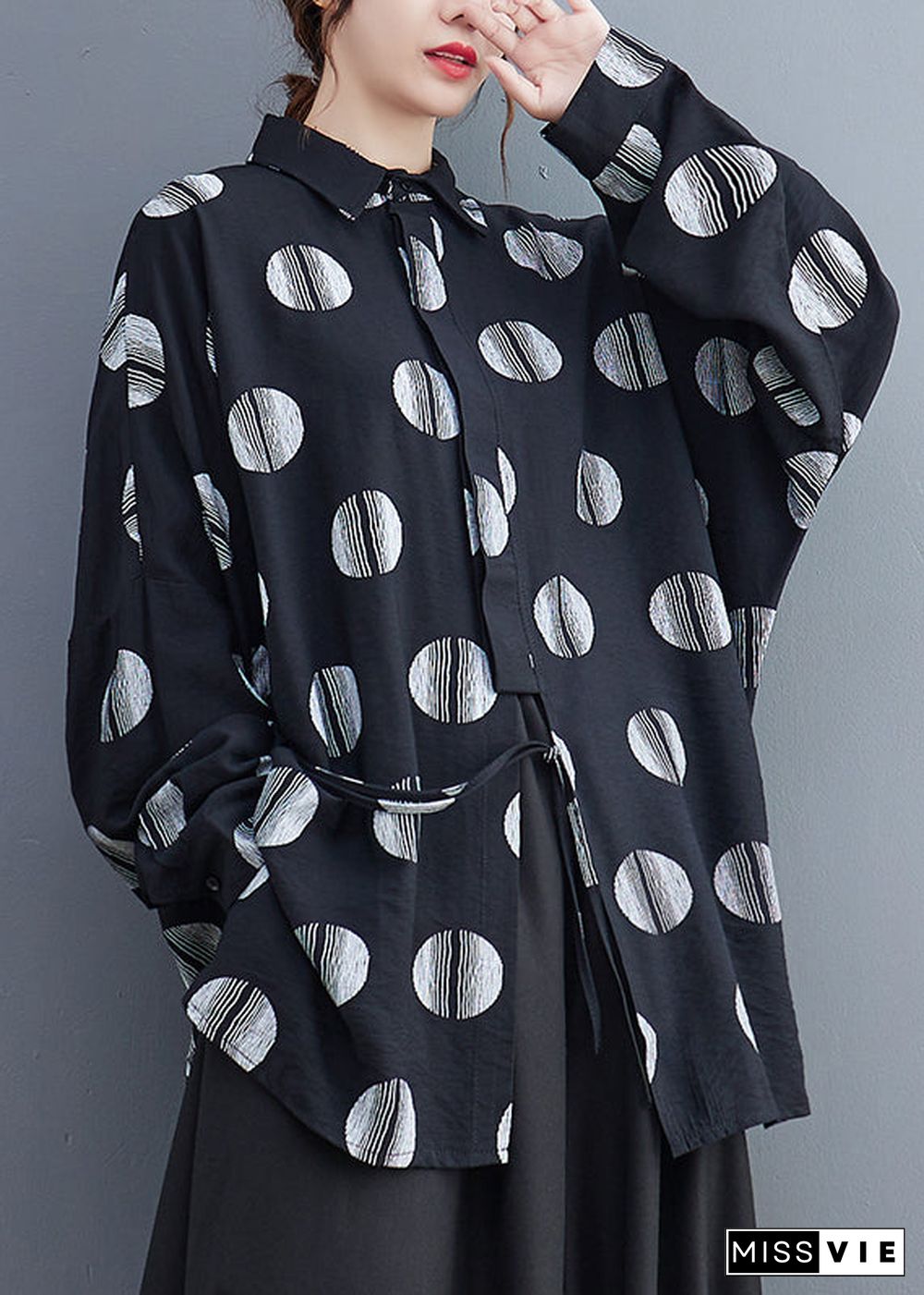 Fine Black Dot Print Patchwork Shirts Long Sleeve