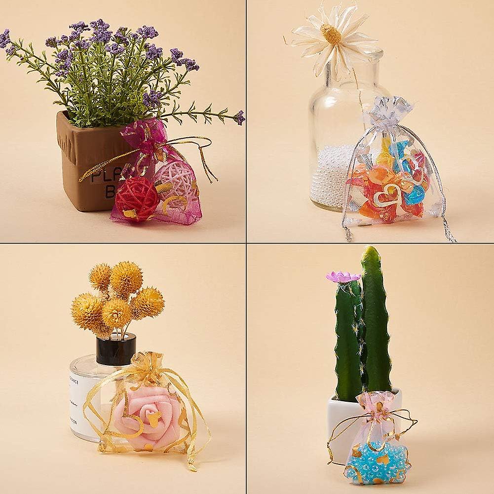 100 Pcs 2.7x3.5 Inches Heart Printed Goldenrod Organza Bags Wedding Favors Bag Jewelry Pouch Bags Organza Drawstring Pouches Candy Gift Bags