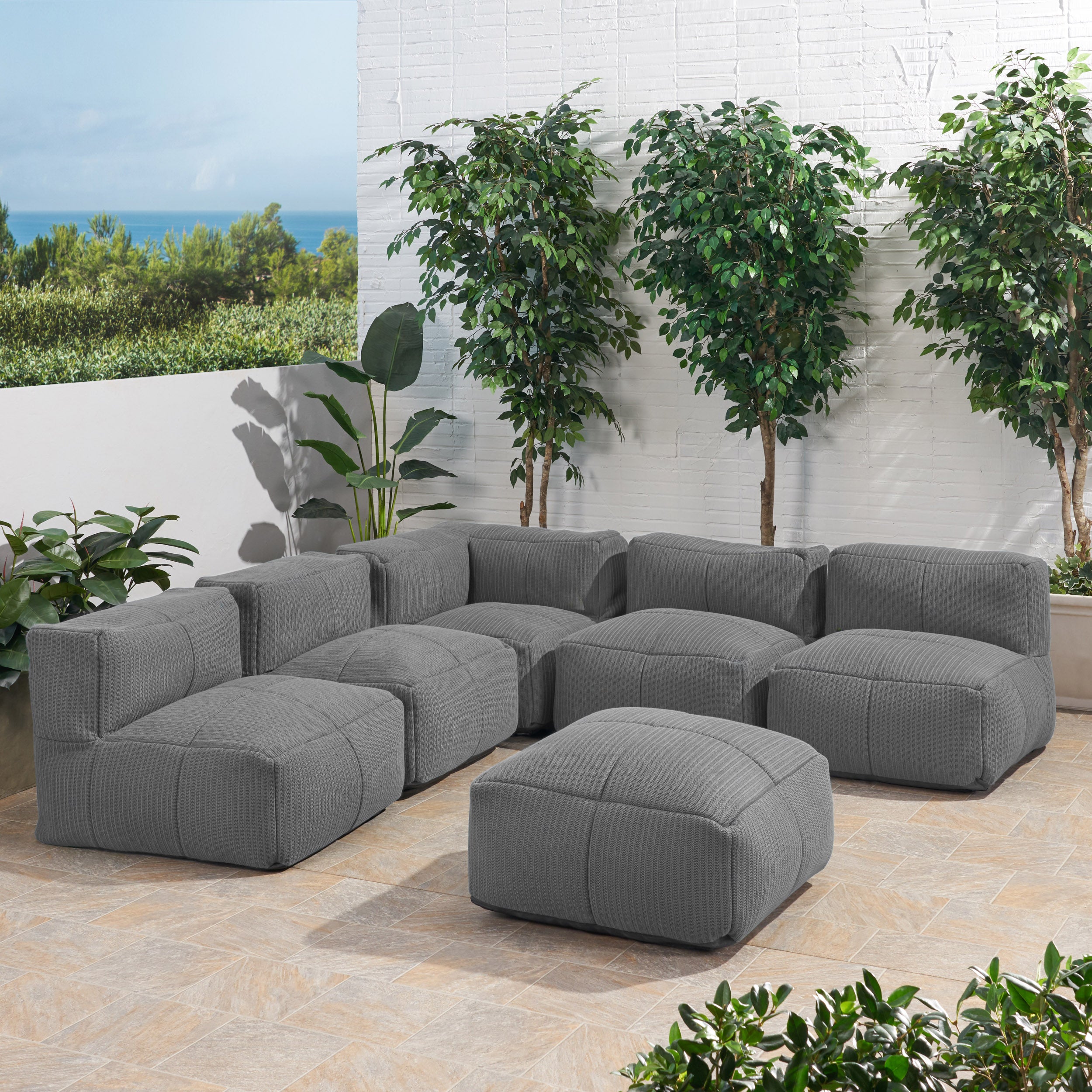 Daizee Outdoor Contemporary Fabric 5 Seater Bean Bag Sectional with Ottoman