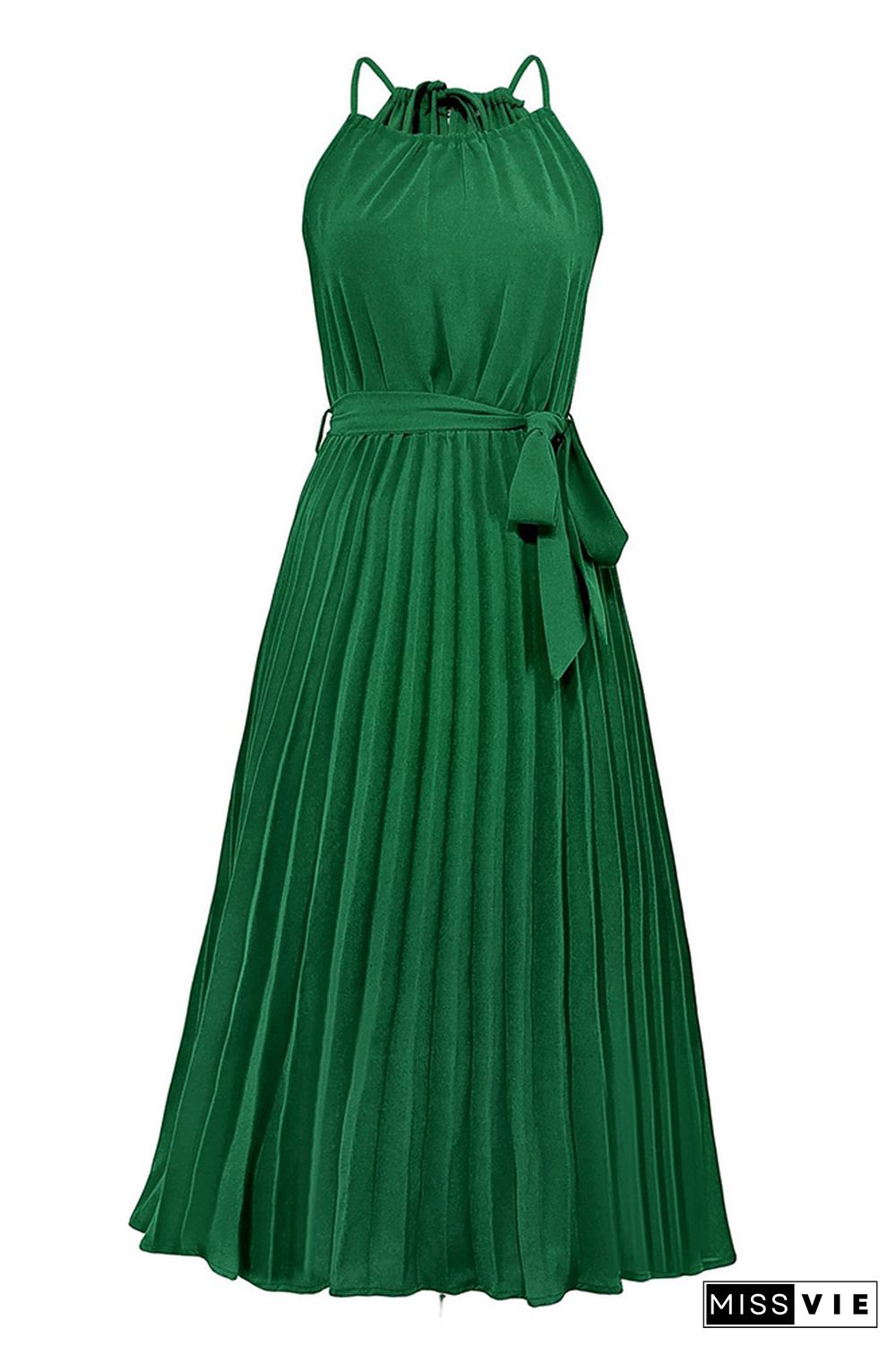 Plain Halter Pleated Maxi Dress With Sash