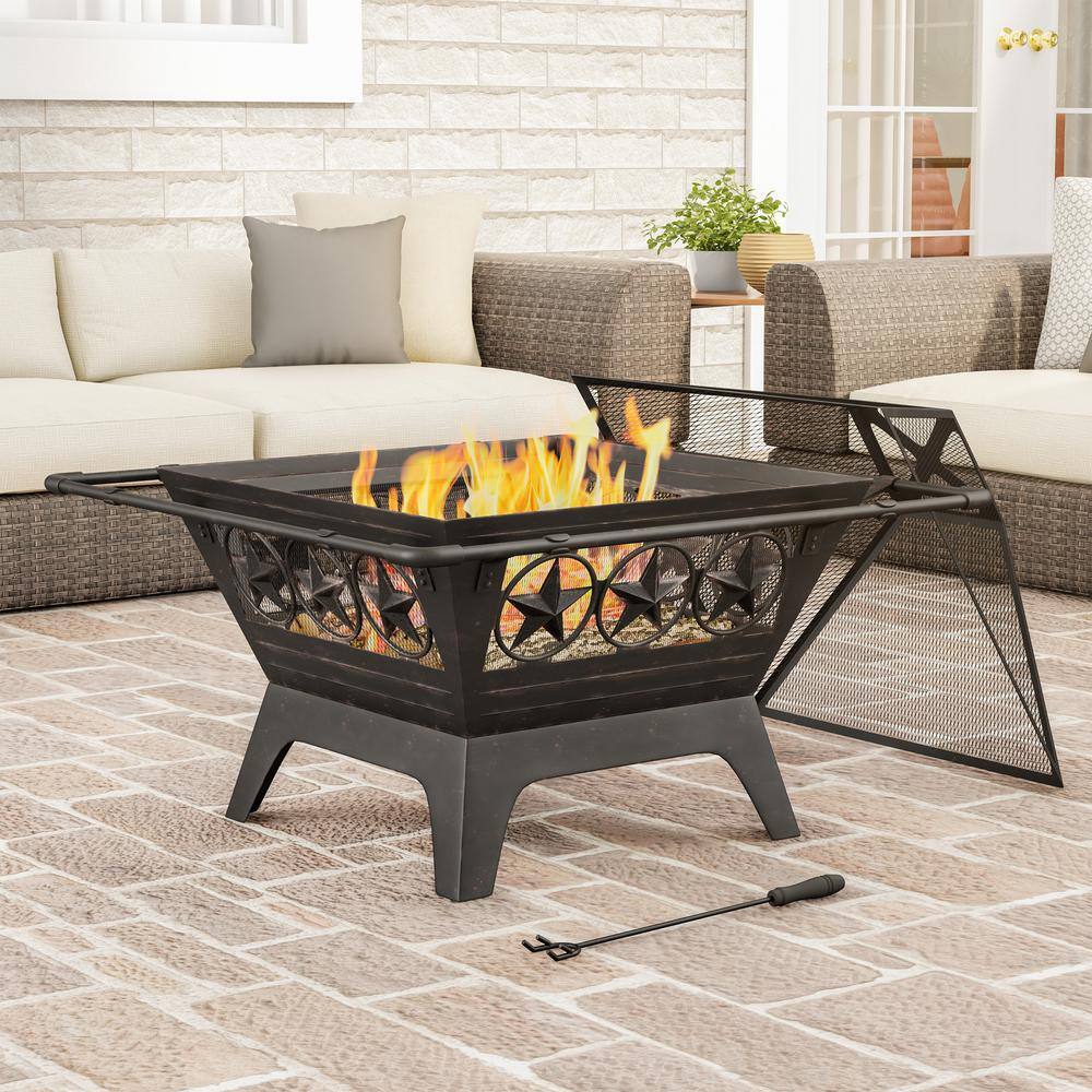 Pure Garden 32 in. W x 27 in. H Square Steel Wood Burning Outdoor Deep Fire Pit in Black with Star Design HW1500259