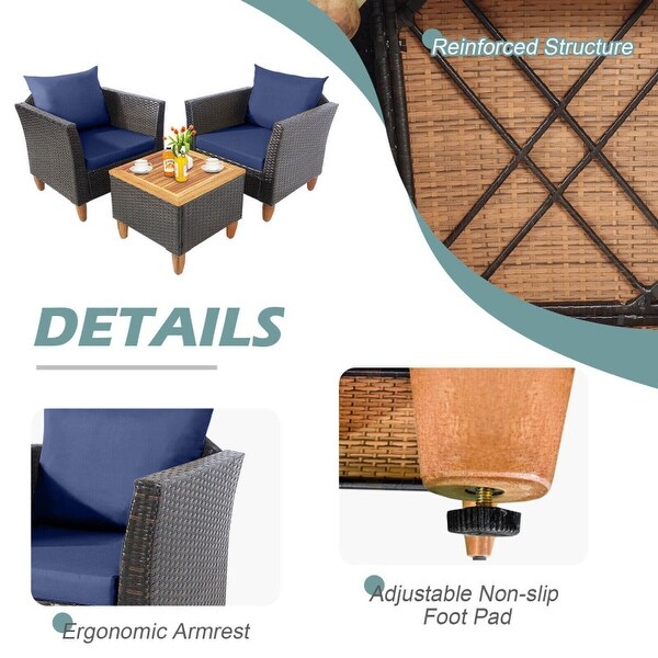 3 Pieces Patio Rattan Bistro Furniture Set with Wooden Table Top