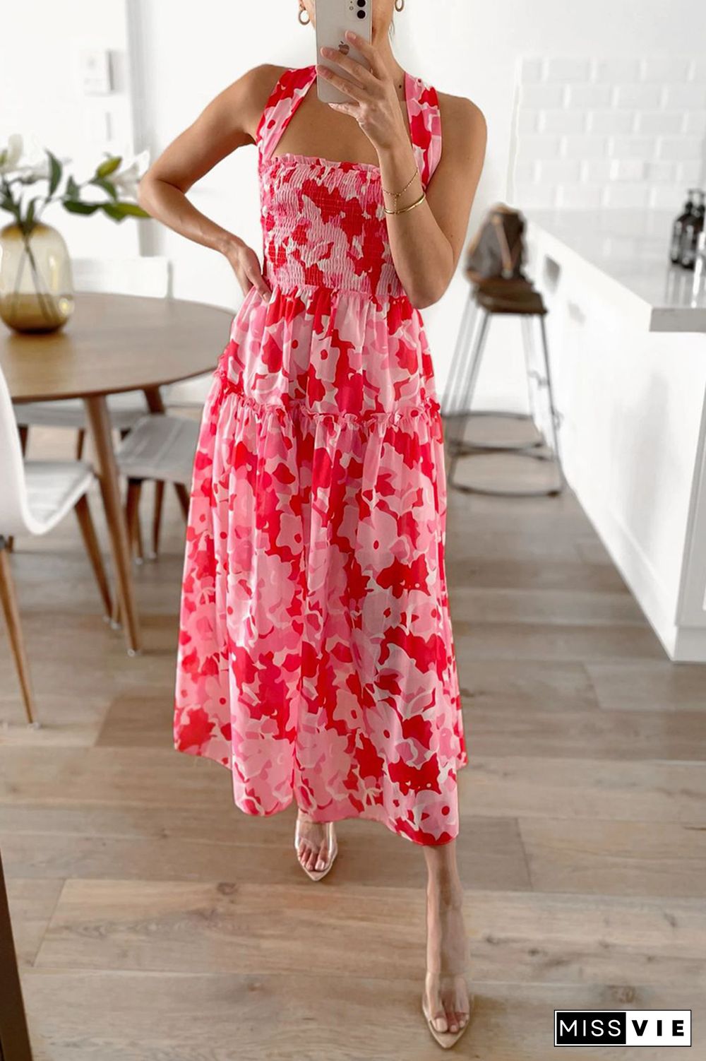 Fashion Print Split Joint Spaghetti Strap Cake Skirt Dresses