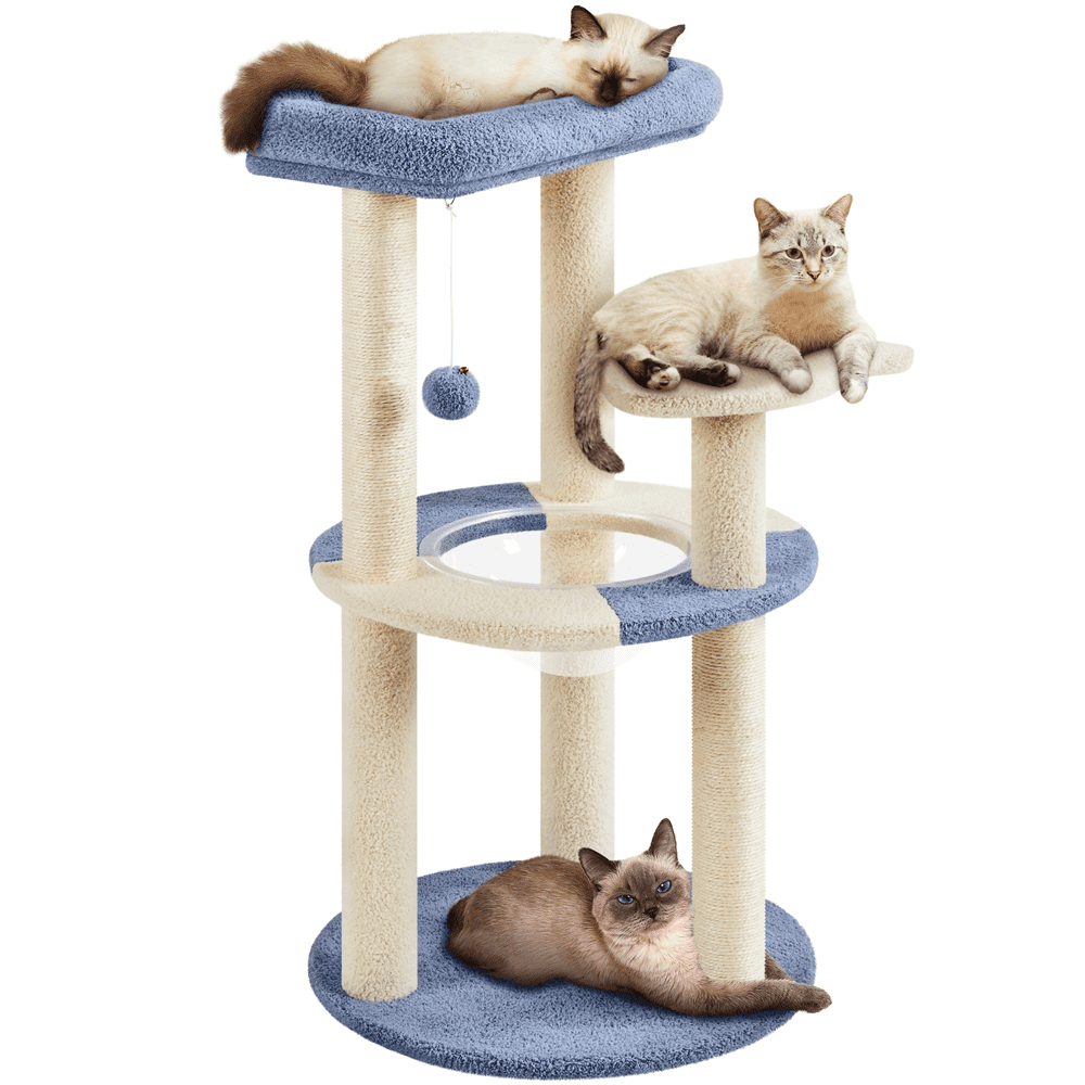 SmileMart 35.5″H Ocean Cat Tree with Padded Perch Natural Sisal for Kittens， Blue/Beige