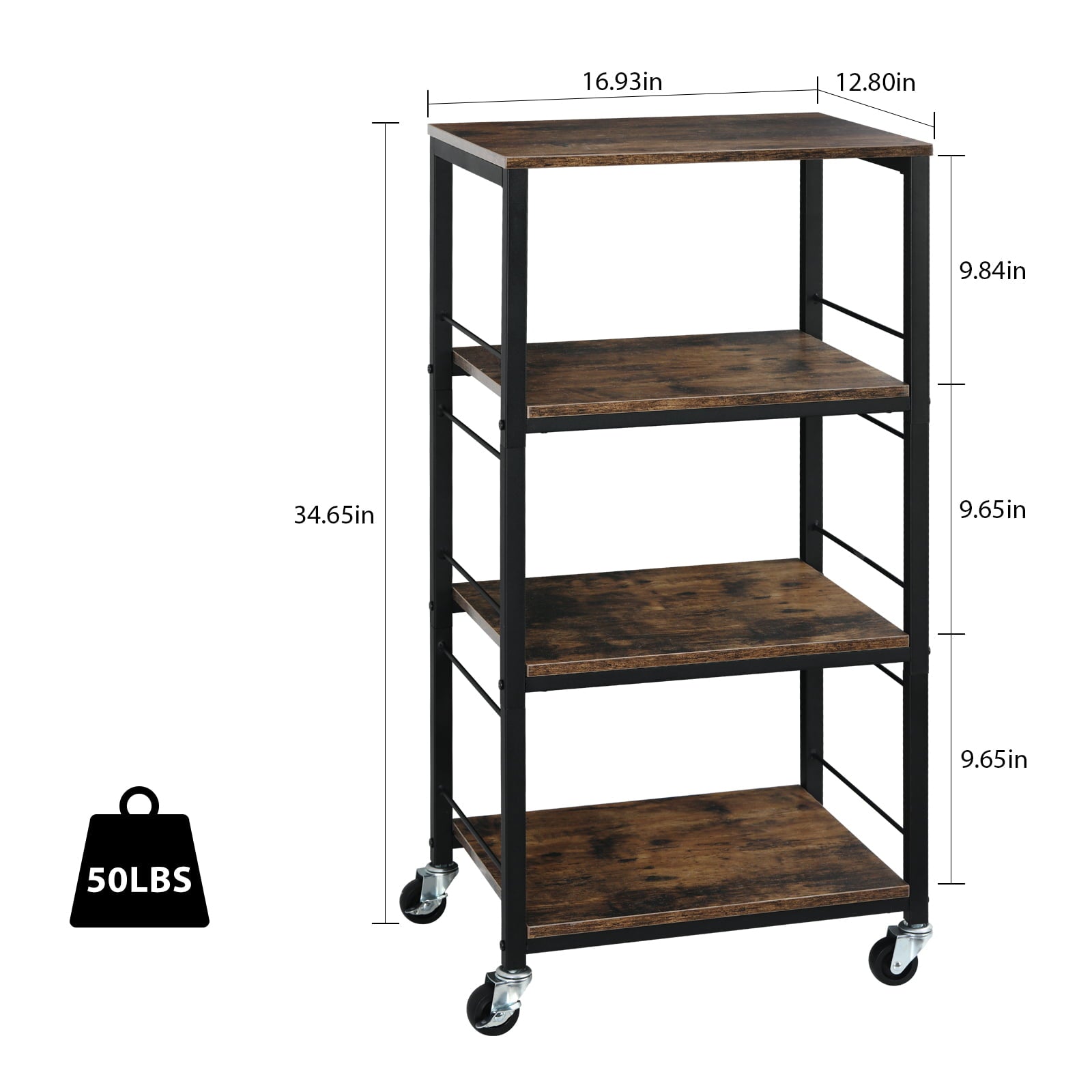 Standing Kitchen Utility Storage Shelf Rack， 4-Tier Kitchen Baker’s Rolling Cart on Wheels ，12.8D x 16.9W x 34.6H