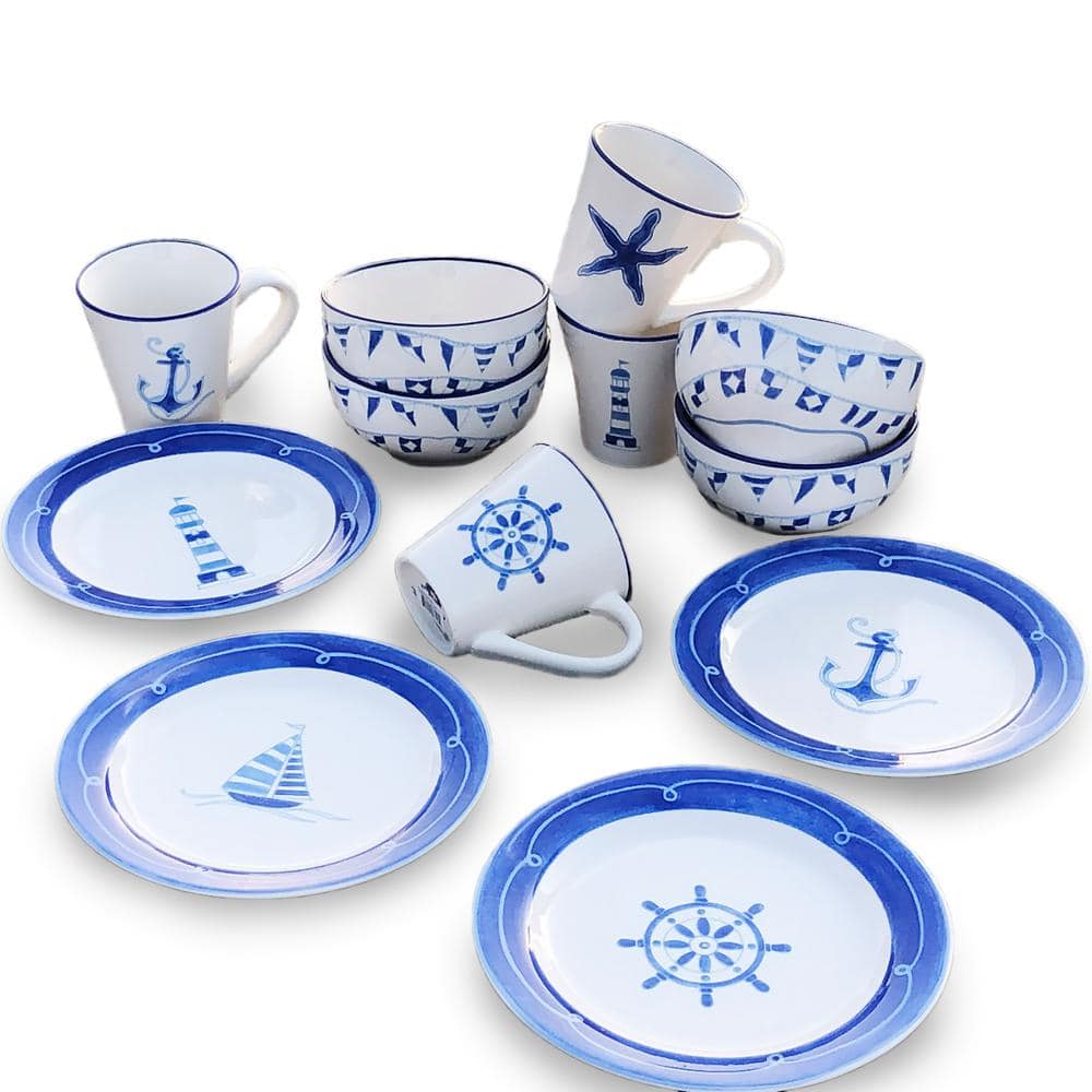 Euro Ceramica Ahoy Blue/White Stoneware 12-Piece Dessert Set (Service for 4) AHO-86001