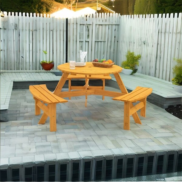 6Person Circular Outdoor Wooden Picnic Table w/3 Builtin Benches