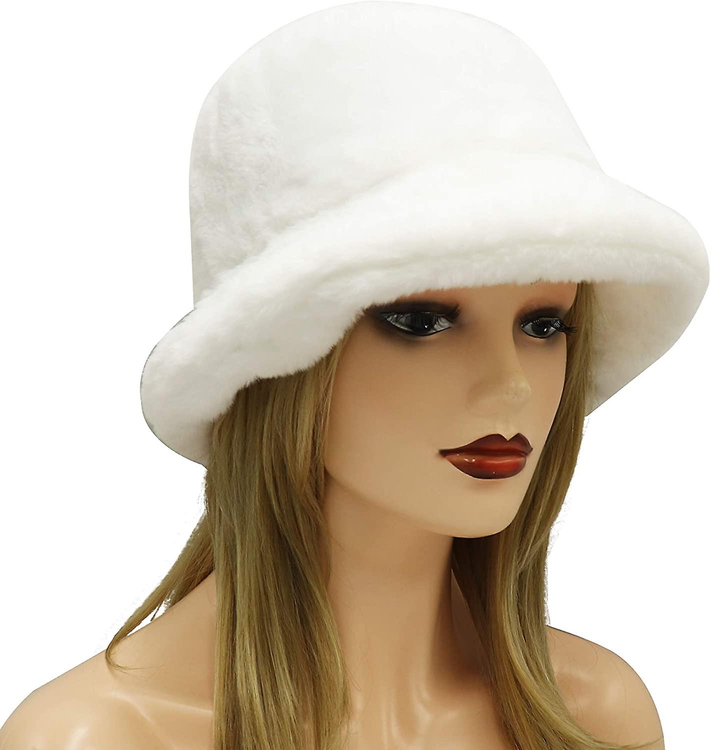 Winter Faux Fur Bucket Hat Fluffy Warm Hat For Women Men A White -