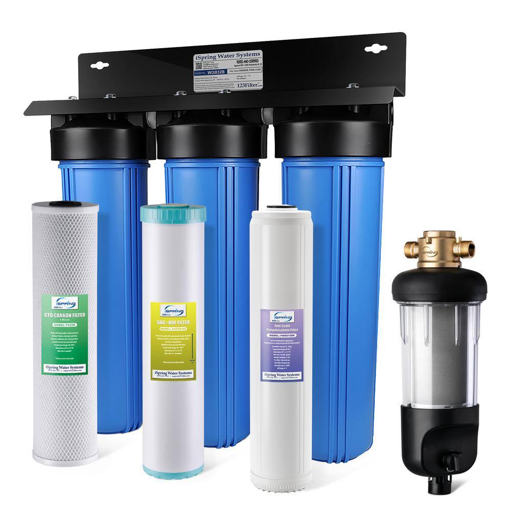 ISPRING Whole House Water Filter wJumbo-Sized Spin Down Sediment Filter Anti-Scale GAC+KDF and Carbon Block WGB32B-KDS+WSP50J