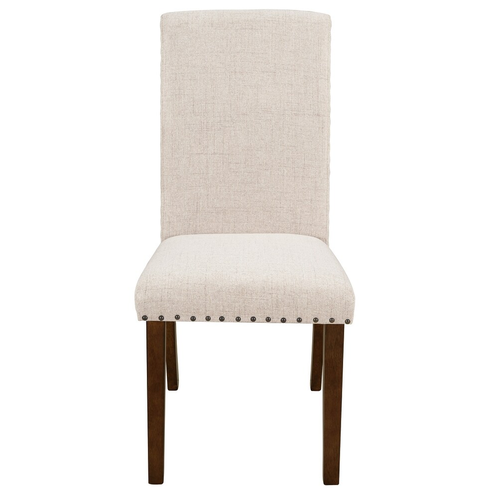 Linen Upholstered Seat Set of 2 Dining Chairs Fabric High back Chairs with Copper Nails   Wooden Legs Perfect for Restaurant