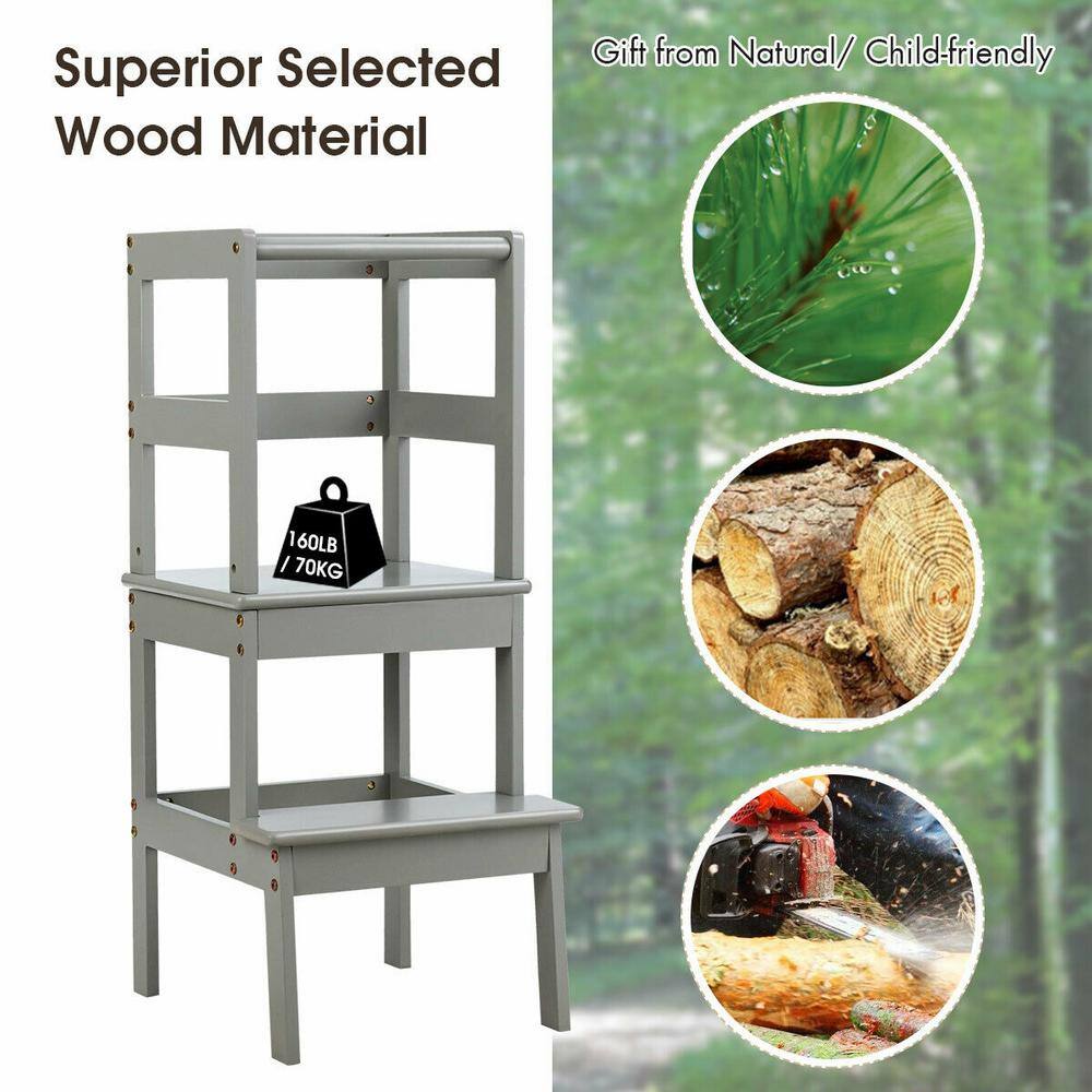 WELLFOR 2-Step Pine Wood Step Stool 330 lbs. Learning Toddler Tower with Safety Rail in Gray BB-HGY-5551GR