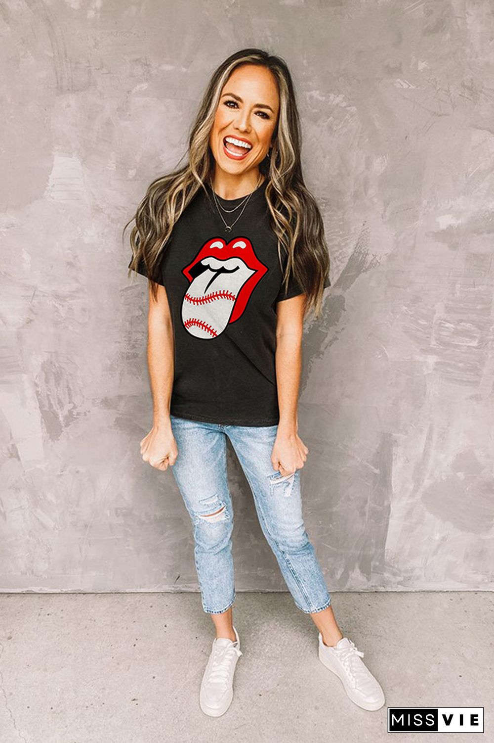 Tongue Print Graphic Tees for Women Wholesale Short Sleeve T shirts Top