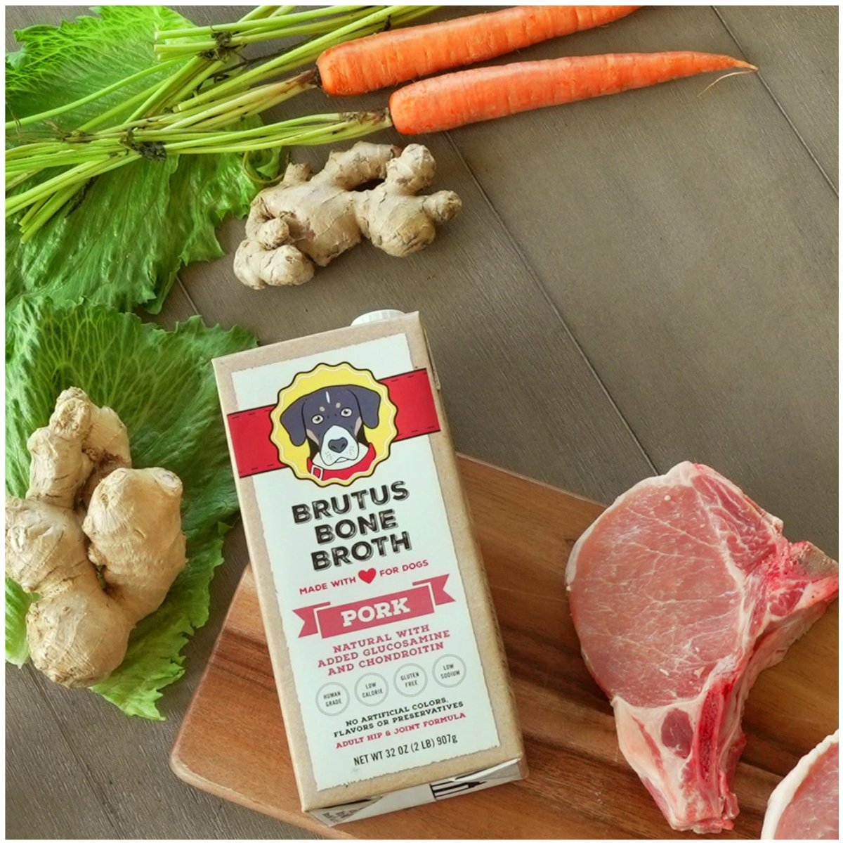 Brutus Broth Pork Flavored Grain-Free Bone Broth Dog Food Topping， 32-oz