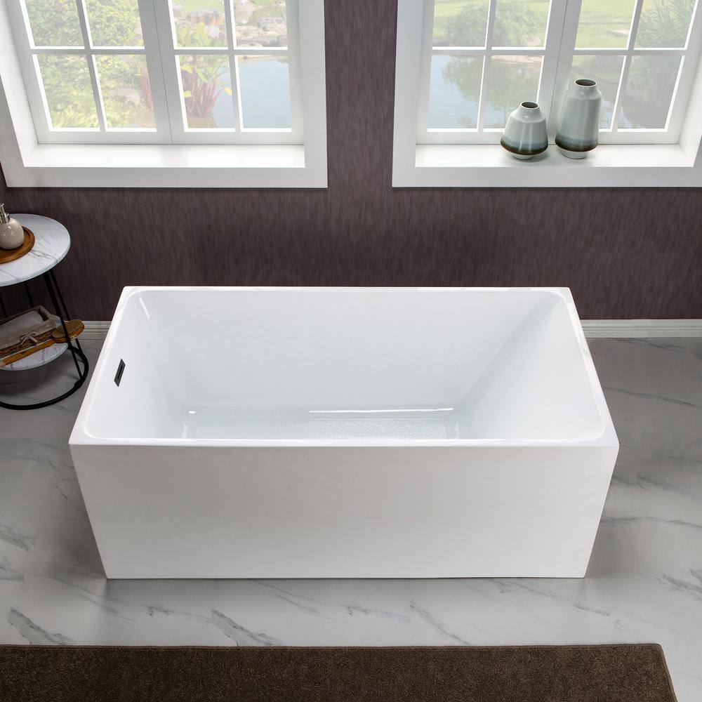 WOODBRIDGE Ahri 59 in. Acrylic Flatbottom Rectangle Bathtub with Matte Black Overflow and Drain Included in White HBT5897