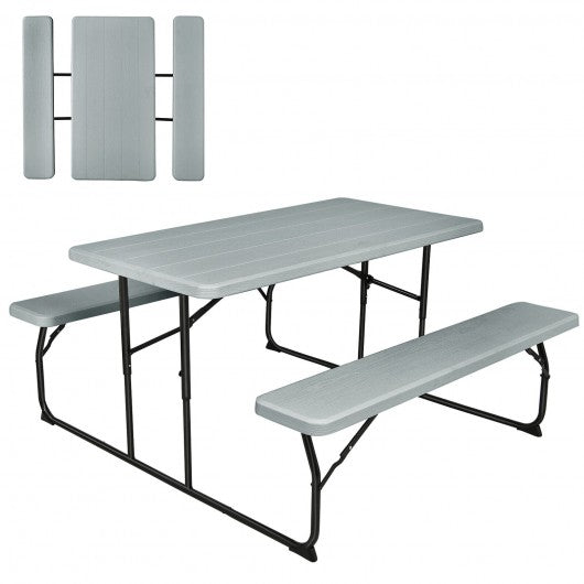 Indoor and Outdoor Folding Picnic Table Bench Set with Wood-like Texture-Gray