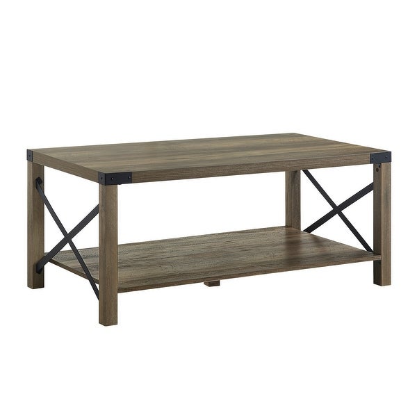 Rustic Oak Finish Coffee Table， Wood Sofa Table with Open Compartment for Living Room， Oak