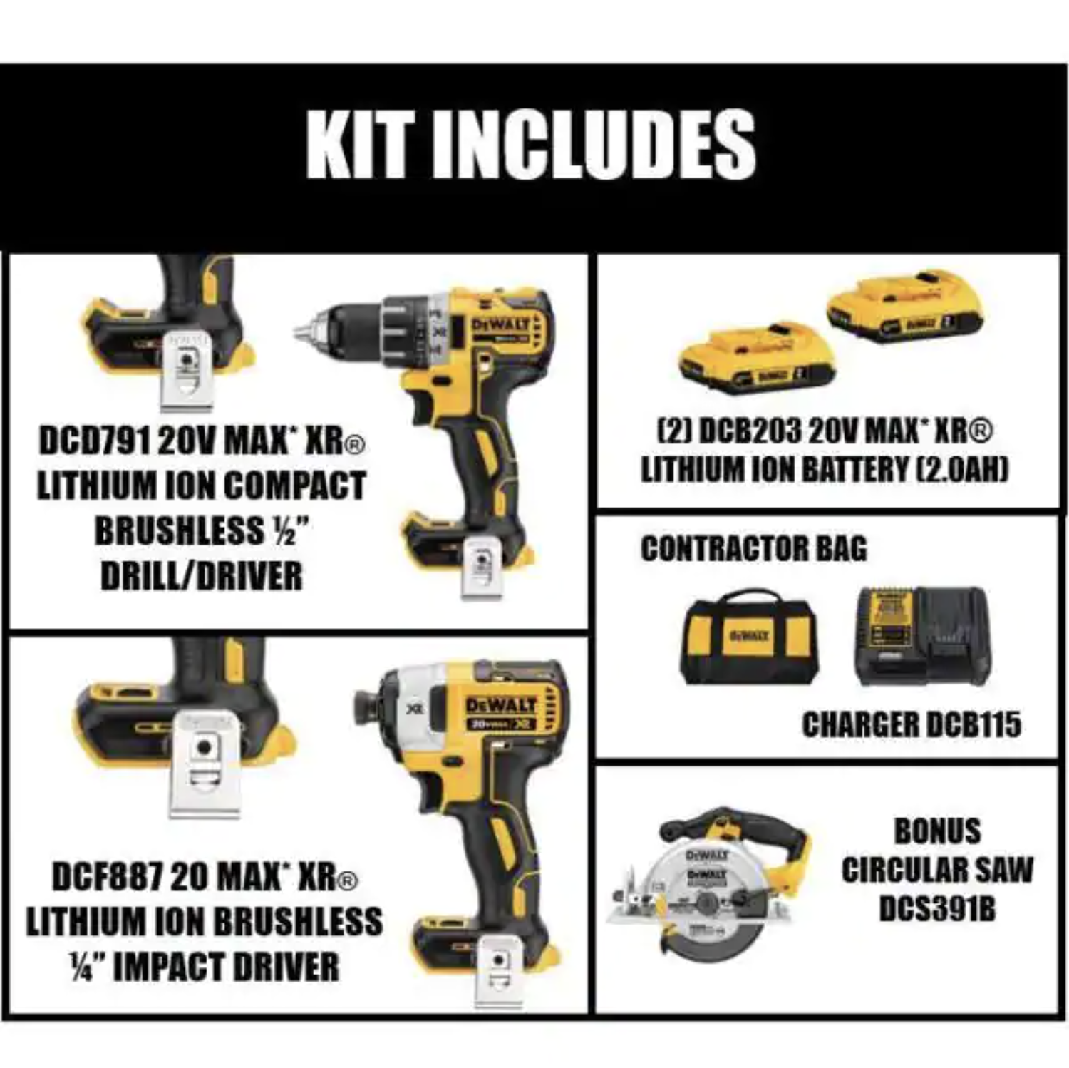 Dewalt 20V MAX XR Cordless Brushless Drill/Impact Combo Kit with (2) 20V 2.0Ah Batteries and Circular Saw (DCK283D2W391B)