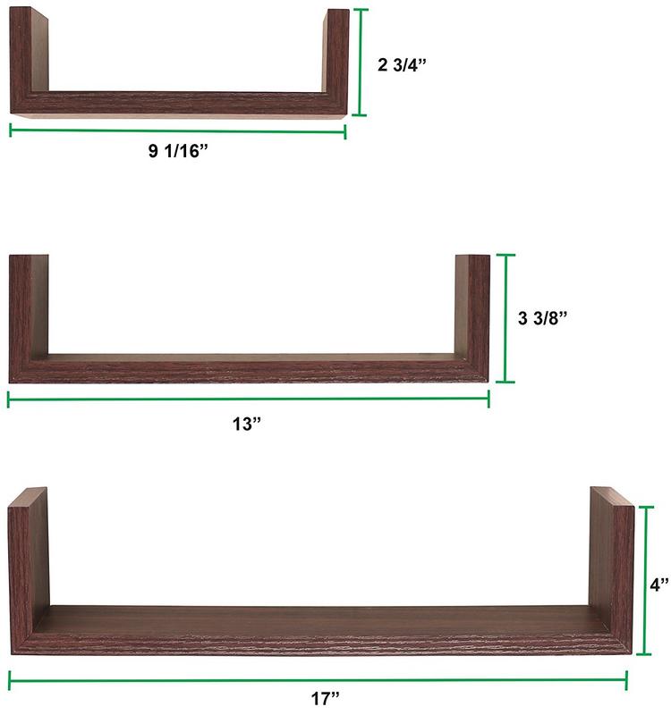 Greenco Set of 3 Floating U Shelves, Walnut Finish Floating Storage Shelves for Wall - Wall Shelf Mount Sets