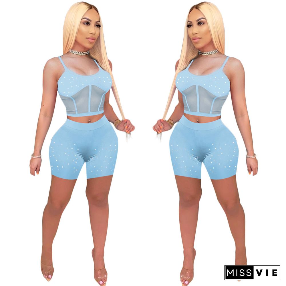 Summer Clothing Stitching Mesh Sheer Sleeveless Straps Crop Top Vest Shorts Streetwear Two Piece Set