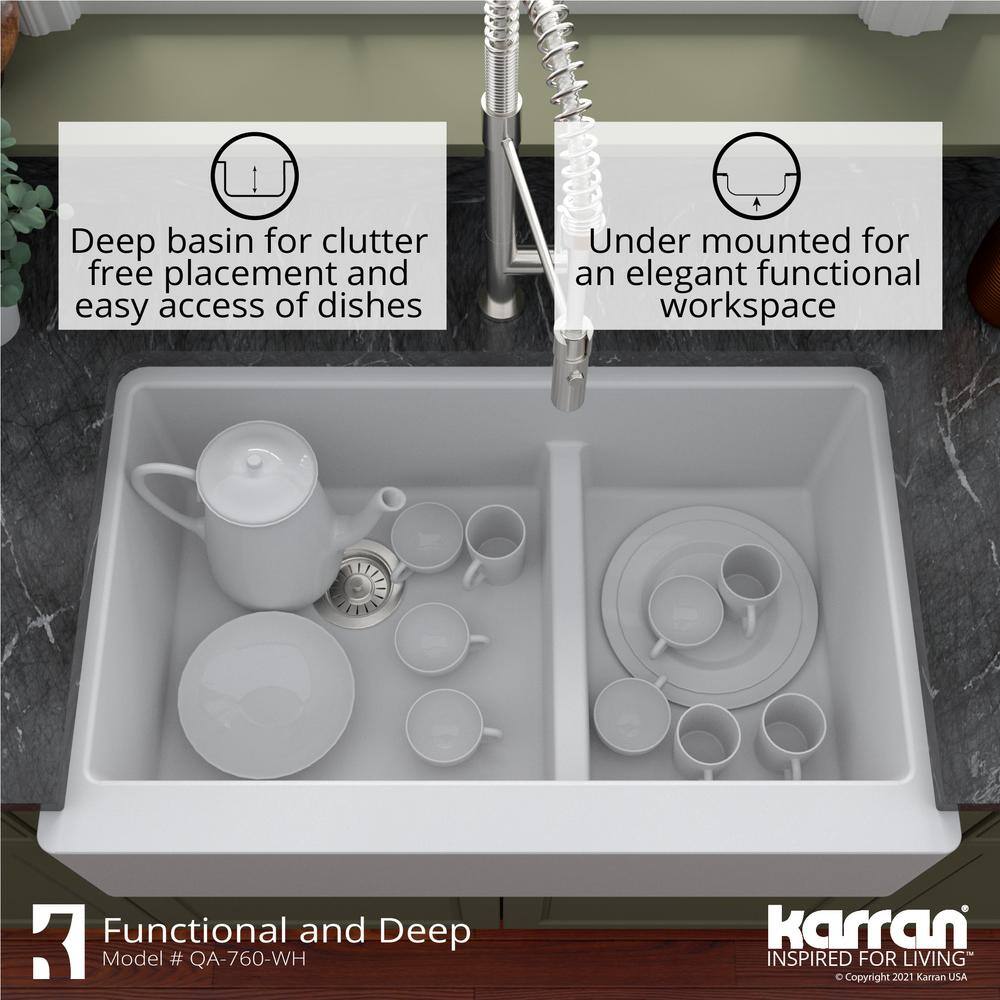 Karran QA-760 QuartzGranite 34 in. Double Bowl 6040 FarmhouseApron Front Kitchen Sink in White with Grid and Strainer QA-760-WH-PK1