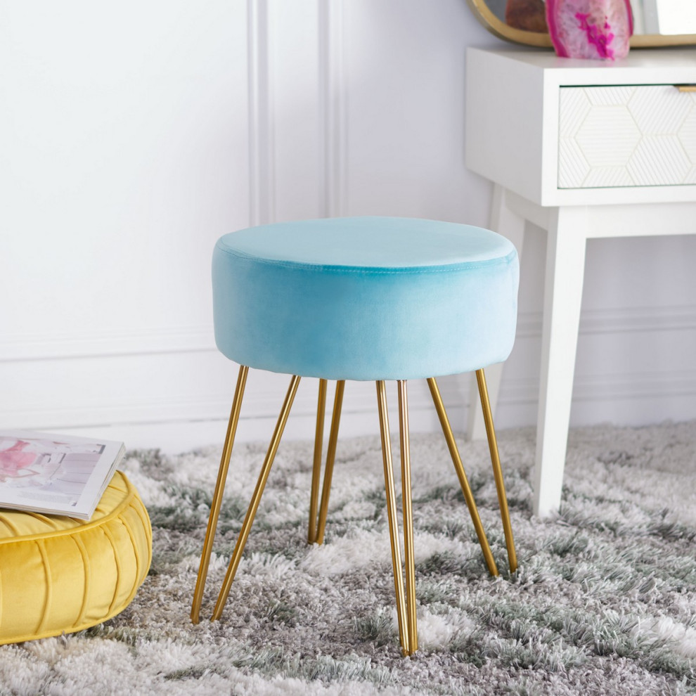 Cade Round Ottoman Aqua/ Gold   Midcentury   Footstools And Ottomans   by AED Luxury Home Decor  Houzz